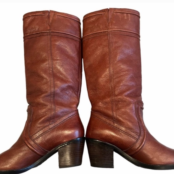 FOSSIL Felicia woven leather riding heeled knee high boots Cognac Brown Size 8 - Picture 10 of 12